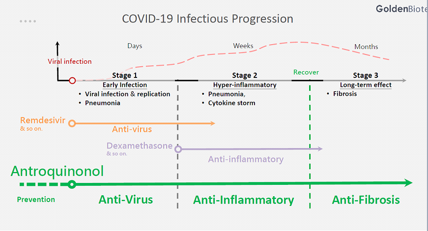 코로나19바이러스 감염단계에 따른 치료약물. 골든바이오텍의 공유자료중 일부