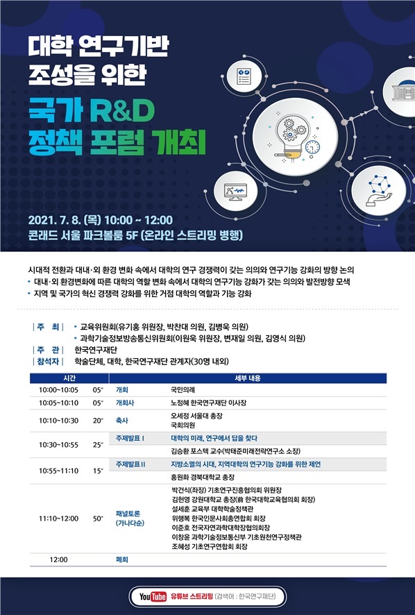 한국연구재단 ‘대학 연구기반 조성을 위한 국가 R&D 정책 포럼’ 포스터
