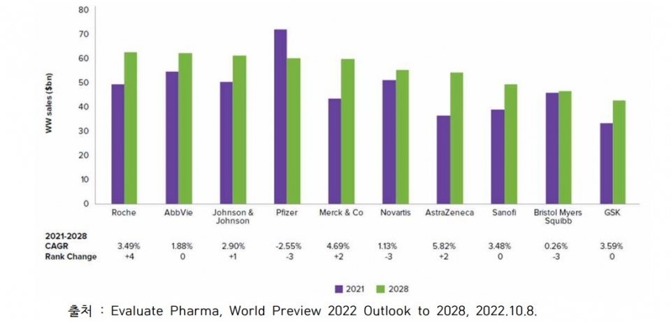 2028년 전세계 처방의약품 매출 상위 10대 기업 전망 [사진=국가생명공학정책연구센터]